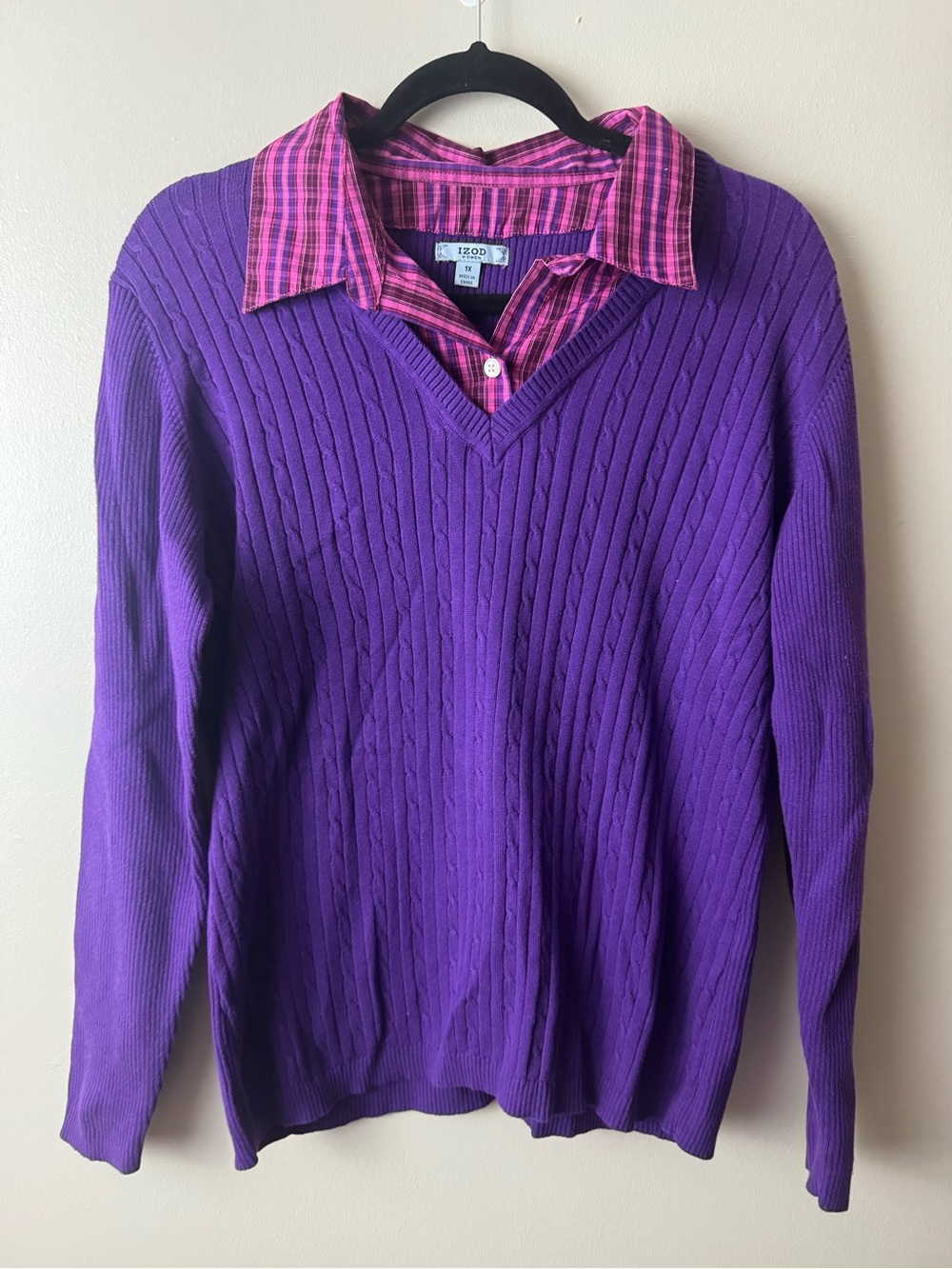 Izod Purple Cable Knit Sweater with Pink Plaid Collar Detail 1XL